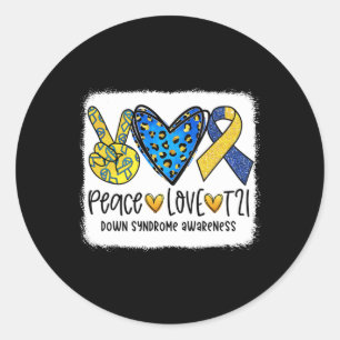 Peace Kärlek T21 Cure Blue Gult Down Syndrome Awar Runt Klistermärke