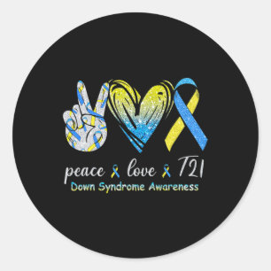 Peace Kärlek T21 Down Syndrome Awareness Blue Gult Runt Klistermärke