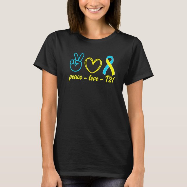 Peace Kärlek T21 Gult Blue Ribbon Down Syndrome Aw T Shirt (Framsida)