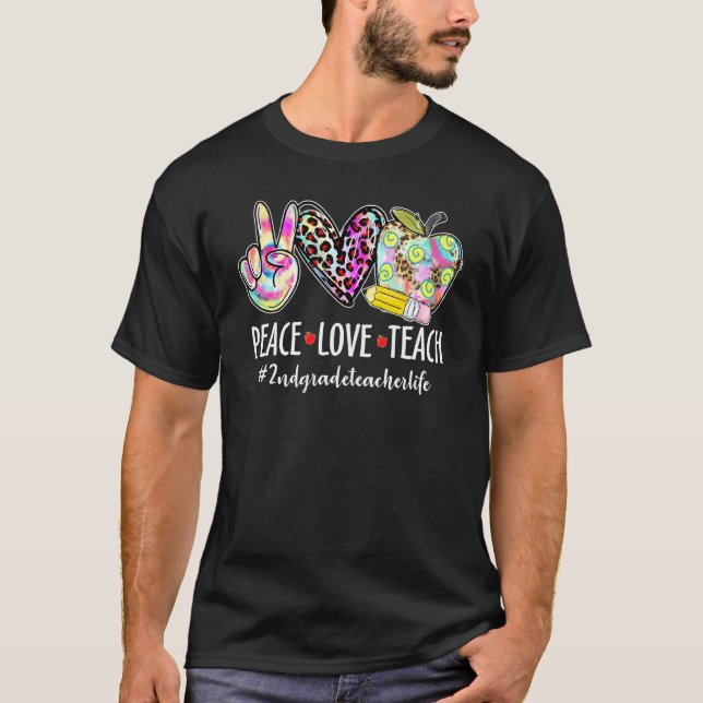 Peace Kärlek Teach Leopard Heart Apple 2nd Klass T Shirt (Framsida)