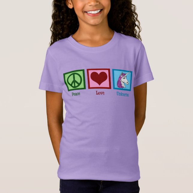 Peace Kärlek Unicorns Kids T Shirt (Framsida)