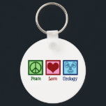 Peace Kärlek Urology Nyckelring<br><div class="desc">Peace Kärlek Urology. En coola urolog- gåva till ett urologiskt doktor eller sjuksköterska med fredstecken,  hjärta och bild i en blåsa. Underbar urologiavdelning presenter.</div>