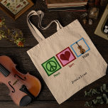 Peace Kärlek Violin Cute Personlig Violinist Tygkasse<br><div class="desc">Cute fredstecken,  hjärta och fiol på en söt personlig mot en violinist. Peace Kärlek Violin.</div>
