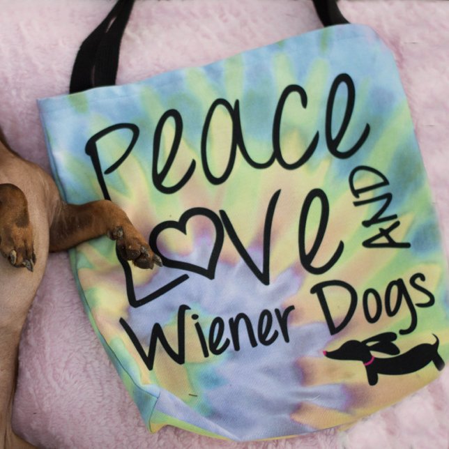 Peace Kärlek & Wiener Hundar Tie Dye Tote Bag Tygkasse (Pease love and weiner dogs tote bag)
