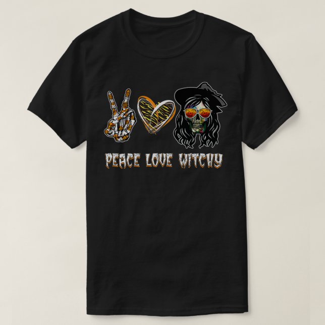 Peace Kärlek Witch Hat Skeleton Hand Halloweem Wom T Shirt (Design framsida)