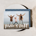 Peace & Light | Full Photo Hanukkah Julkort<br><div class="desc">Modern Hanukkah photo cards feature your favorite image with "Peace and light" overlaid in white hand lettered brush typography,  with your names and the year beneath.</div>