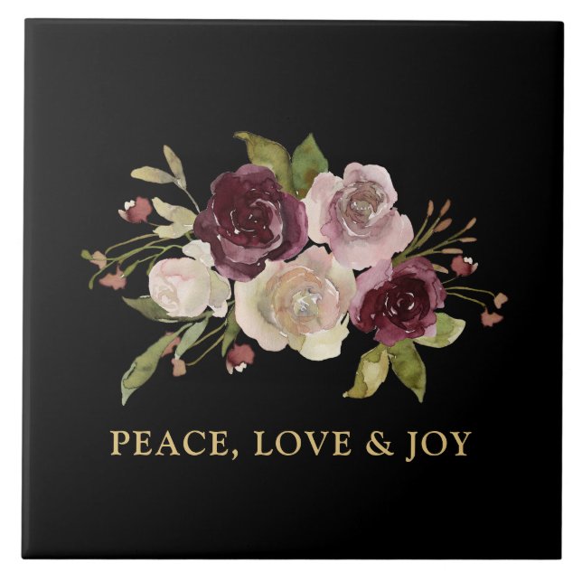 Peace Love and Joy Winter Bouquet Black Holiday Kakelplatta (Framsidan)