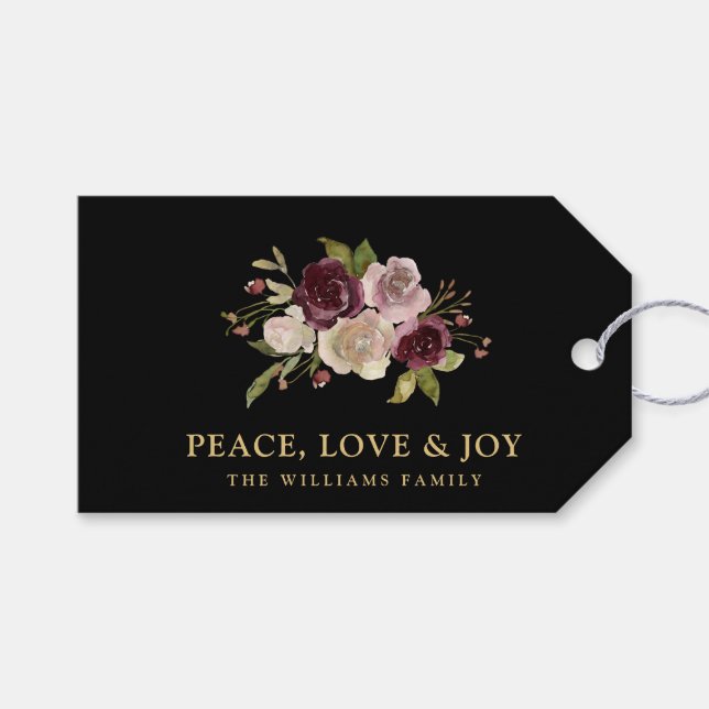 Peace Love and Joy Winter Bouquet Black Holiday Presentetikett (Framsidan (Horisontell))