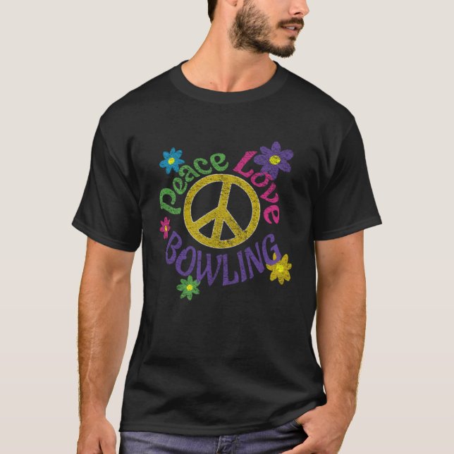 Peace Love Bowling  Distressed Flower Power Hippie T Shirt (Framsida)