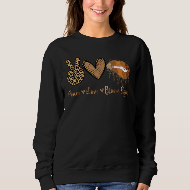 Peace Love Brown Sugar Leopard Hand Heart And Lips T Shirt (Framsida)