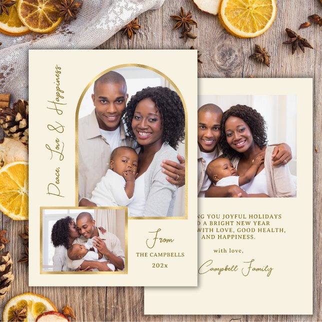 Peace Love Hapiness Script Gold Arch 3 Photo  Julkort (Skapare uppladdad)