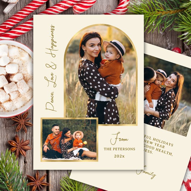 Peace Love Hapiness Script Gold Arch 3 Photo  Julkort (Skapare uppladdad)