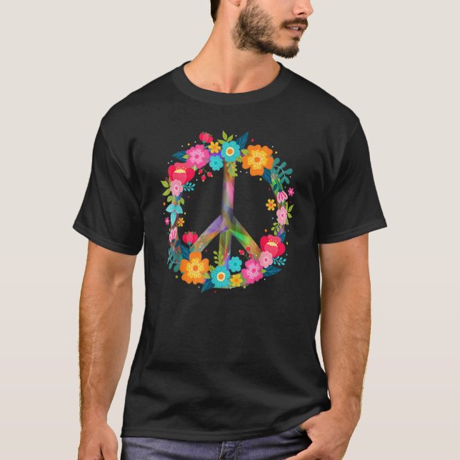 Peace Love Hippie Costume Tie Dye 60s 70s Flowers  T Shirt (Framsida)