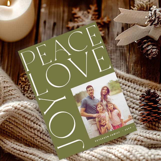 Peace Love Joy family photo green Christmas Julkort (Skapare uppladdad)