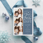 Peace, Love & Light | Hanukkah Photo Julkort<br><div class="desc">Beautiful typography based Hanukkah photo card features three of your favorite family photos in a square format along the left side. "Wishing you peace, love and light this Hanukkah and always" appears on the right in white hand lettered typography on a slate blue background dotted with stars. Customize with your...</div>