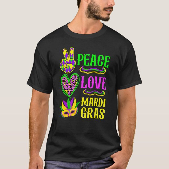Peace Love Mardi Gras Leopard Funny Festival Carni T Shirt (Framsida)