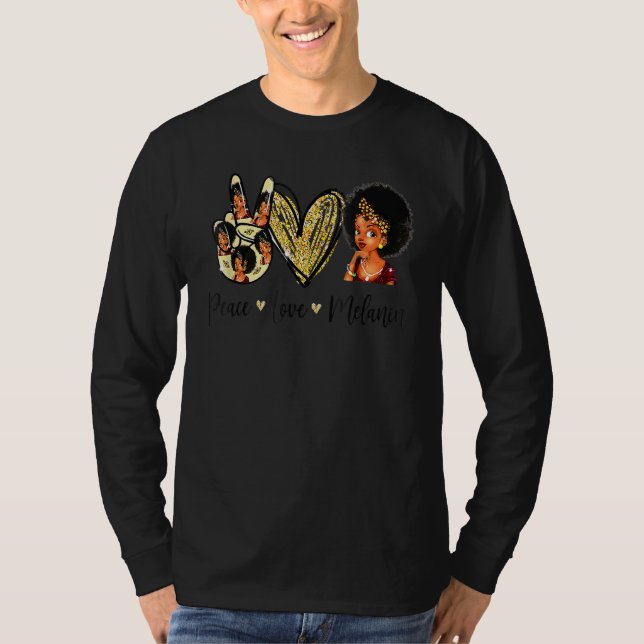 Peace Love Melanin Pride With Hand Heart And Black T Shirt (Framsida)