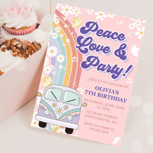 Peace Love Party Retro Rainbow 7-årsdag Inbjudningar