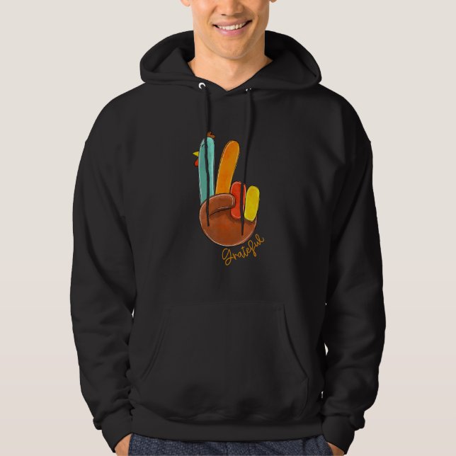Peace Love Turkey Grateful Turkey Hand Sign Thanks Hoodie (Framsida)