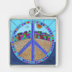 Peace Mandala Keychain Fyrkantig Silverfärgad Nyckelring
