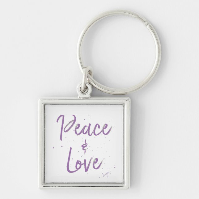 PEACE och Kärlek-Lila Fyrkantig Silverfärgad Nyckelring (Framsidan)