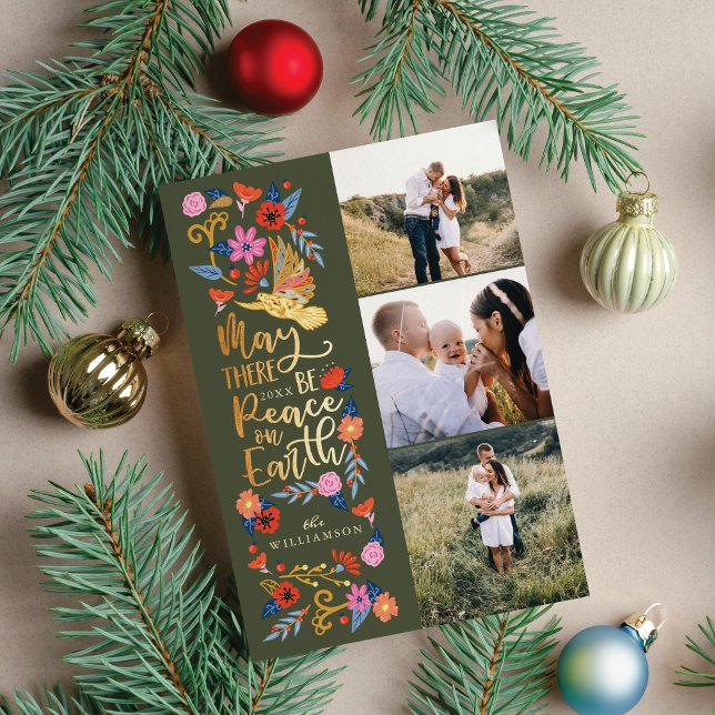 Peace on Earth Dove Blommigt Folk Art Grönt Photo Julkort (Peace on Earth Dove Floral Folk Art Green Photo Holiday Card)