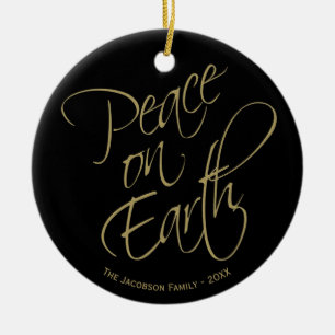 Peace on Earth Elegant Guld & Black Helgdag Photo Julgransprydnad Keramik