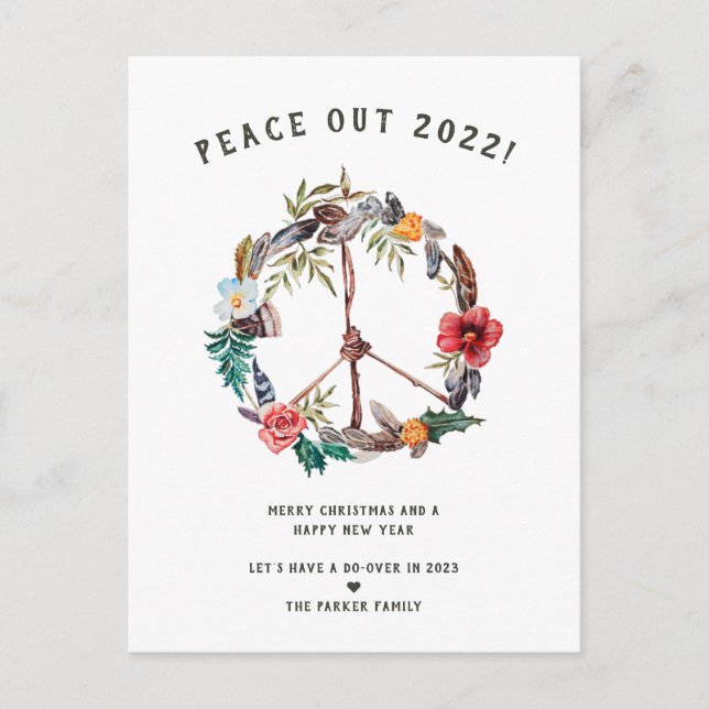 Peace Out 2022 | Boho Blommig Nyårs Krans Vykort (Framsida)