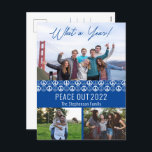Peace out 2023 What A Year 3 Photo Collage - Blue Helg Vykort<br><div class="desc">"Peace Out 2023" "What a Year!",  tre fotokollage med en solid fredssymbol och konturerar att mönster upprepar sig på framsidan med ditt unika meddelande på baksidan. Sammansatt design efter Helgdag Hearts-design (reserverade höger). Mallplatshållarfoton som tillhandahålls via Unsplash.</div>
