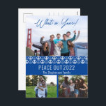 Peace out 2023 What A Year 3 Photo Collage - Blue Helg Vykort<br><div class="desc">"Peace Out 2023" "What a Year!",  tre fotokollage med en solid fredssymbol och konturerar att mönster upprepar sig på framsidan med ditt unika meddelande på baksidan. Sammansatt design efter Helgdag Hearts-design (reserverade höger). Mallplatshållarfoton som tillhandahålls via Unsplash.</div>