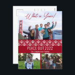Peace out 2023 What A Year 3 Photo Collage - Red Helg Vykort<br><div class="desc">"Peace Out 2023" "What a Year!",  tre fotokollage med en solid fredssymbol och konturera mönster,  upprepa ditt unika meddelande på baksidan. Sammansatt design efter Helgdag Hearts-design (reserverade höger). Mallplatshållarfoton som tillhandahålls via Unsplash.</div>