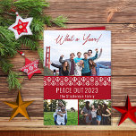 Peace out 2023 What A Year 3 Photo Collage - Red Helgkort<br><div class="desc">"Peace Out 2023" "What a Year!",  tre fotokollage med fredssymbolen solid och konturerna mönster. Lägg bara till din familj namn namnteckning på framsidan,  unikt meddelande,  stängning och namnteckning inuti. Sammansatt design efter Helgdag Hearts-design (reserverade höger). Mallplatshållarfoton som tillhandahålls via Unsplash.</div>