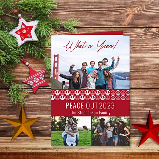 Peace out 2023 What A Year 3 Photo Collage - Red Helgkort (Peace Out 2023 -- What A Year!   Greet your friends and family in unique style.  Peace Sign design  )