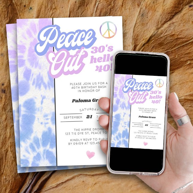 Peace Out 30s Hej 40 Tie Dye 40:e födelsedagen Inbjudningar (Peace Out 30's hello 40! Hippie tie dye 40th Birthday Invitation)