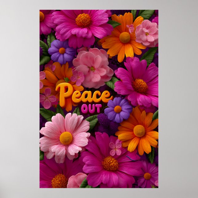 Peace Out Hippie Floral Neon Peace Sign Pattern Poster (Framsidan)