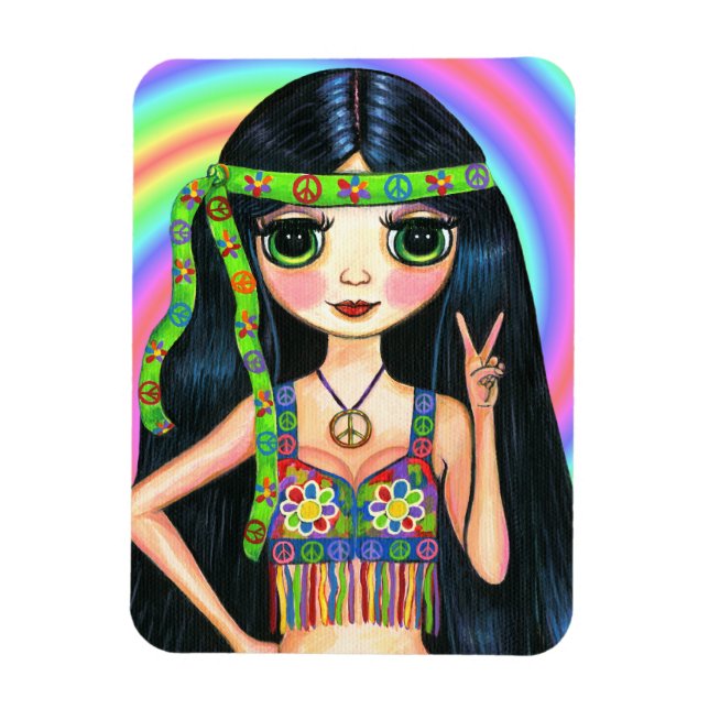 Peace out Hippie Girl Big Eyed Cutie Magnet (Vertikal)