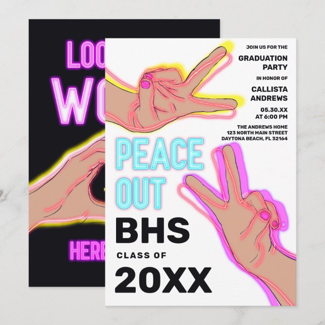 Peace Out School Rosa Neon Ljus Studentfest Inbjudningar (Fram/baksida)