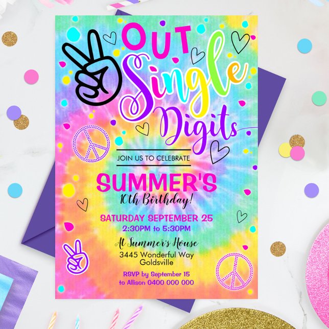 Peace Out Single Digits Invitation Tie Dye 10:e Inbjudningar (Peace out Single Digits 10th Birthday Invitation. Rainbow Tie Dye Hippy Design)