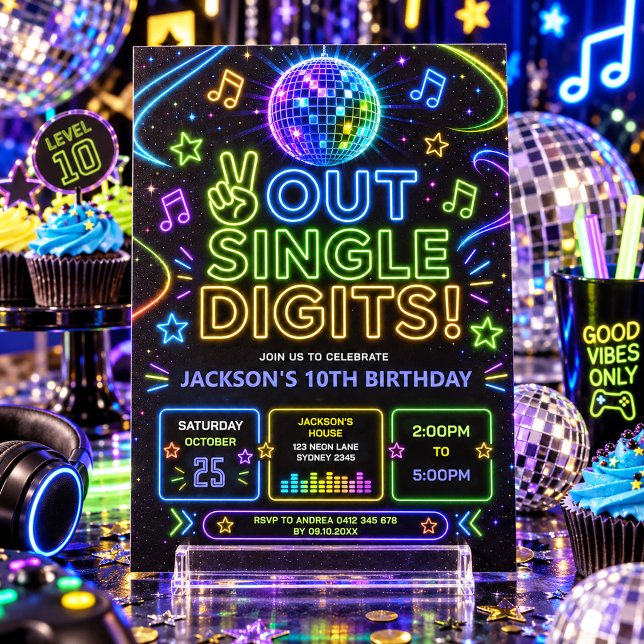Peace Out Single Digits: Neon Glow 10-årsfest Inbjudningar (Skapare uppladdad)