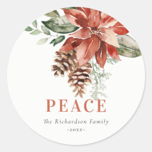 Peace Poinsettia Bunch Watercolor Gräs jul Runt Klistermärke