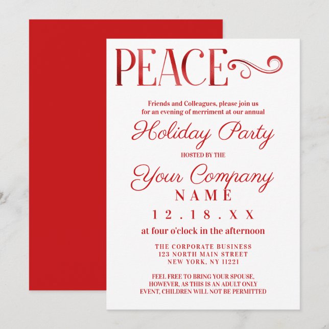 Peace Quote White Red Foil Corporate Helgdag Inbjudningar (Fram/baksida)