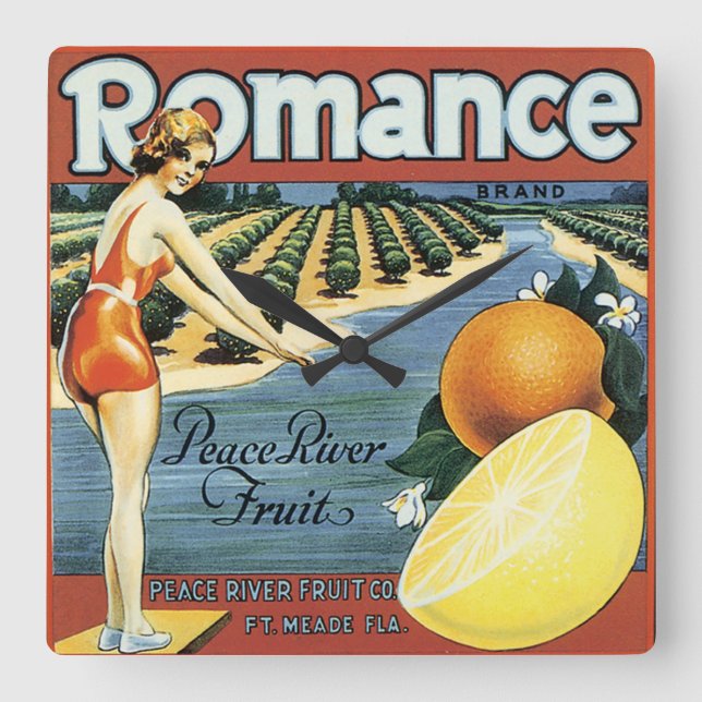 Peace River Fruit Co Låda-etikett Fyrkantig Klocka (Framsida)