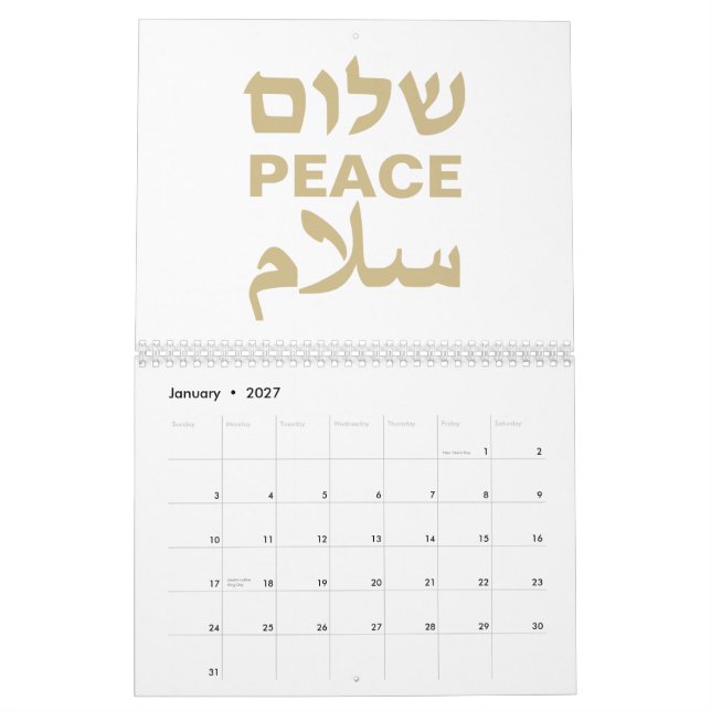 Peace Shalom Salaam vit guld modern typografi Kalender (Jan 2027)