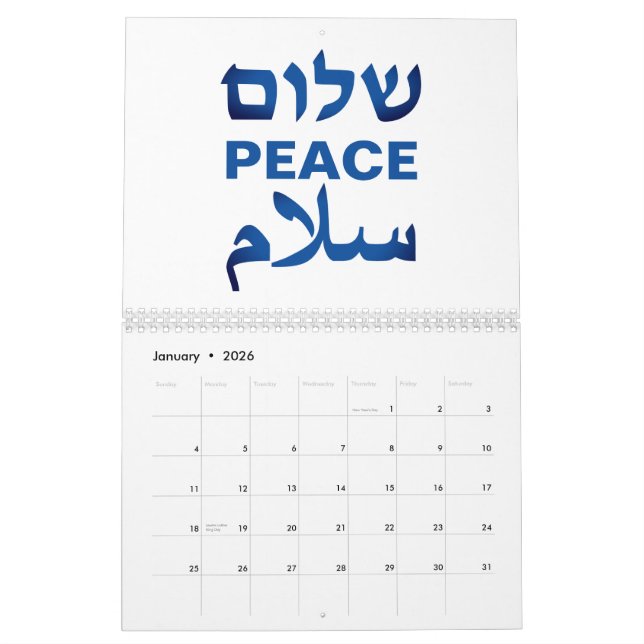 Peace Shalom Salaam vit och blå modern typografi Kalender (Jan 2026)