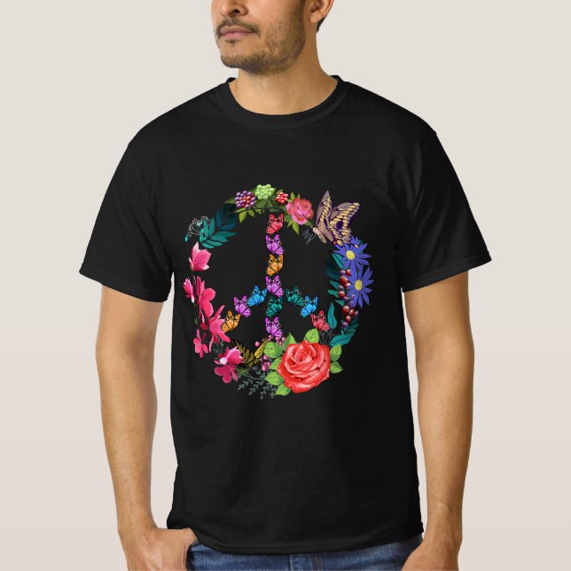 Peace Sign Spring Flowers Hippie Butterfly Peace S T Shirt (Framsida)