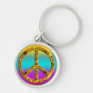Peace-symbol - GULD Rund Silverfärgad Nyckelring