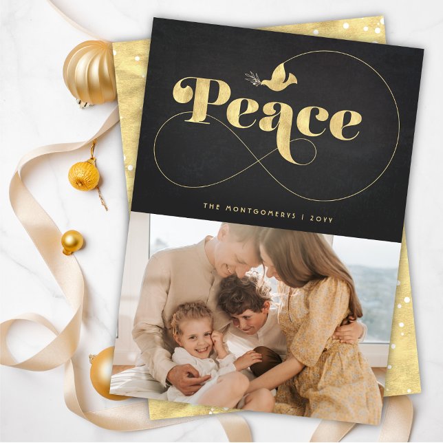 Peace Typography Snyggt Golden Dove Modern Photo Julkort (Skapare uppladdad)