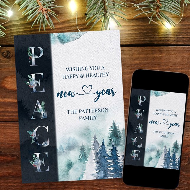 PEACE Vinter Skog Nyår Julkort (Christmas & New Year Card. Buy professionally printed or as a printable digital download.)