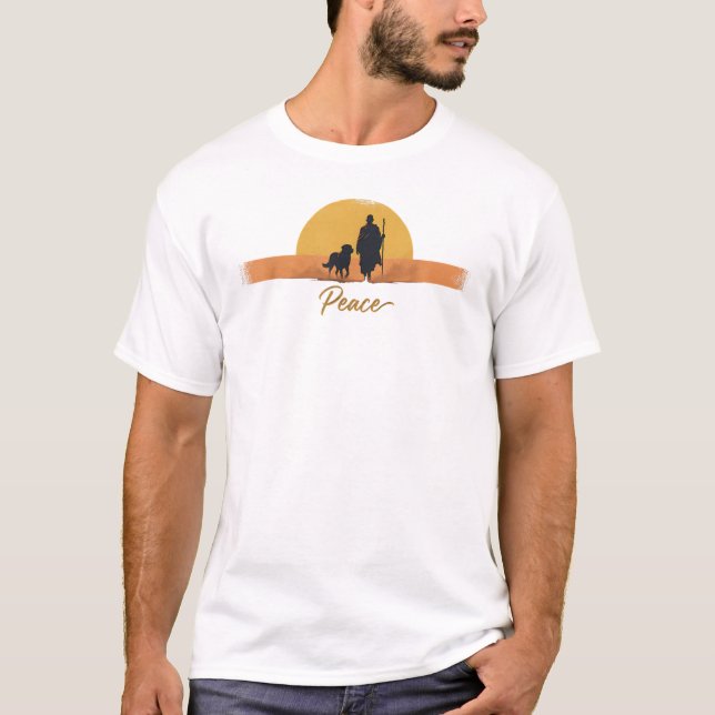 Peace Walking Monk with Aloka Dog – Walk for Peace T Shirt (Framsida)
