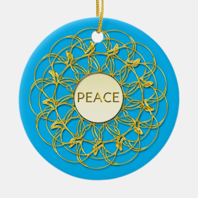 Peacebetänkandet om guldlacy på blått himlar julgransprydnad keramik (Framsidan)